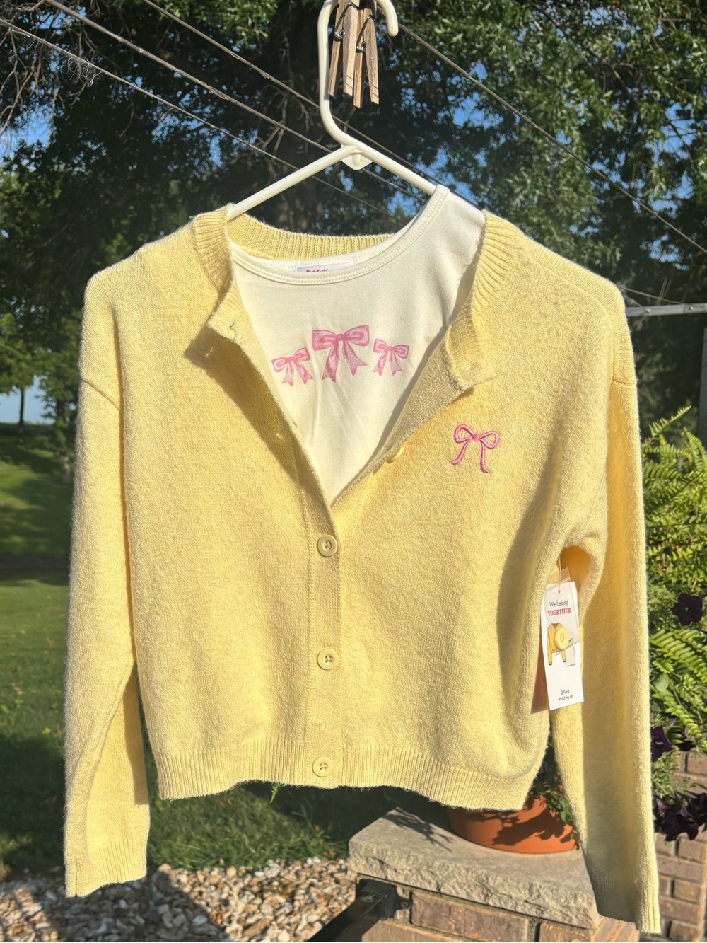 Yellow Knit Cardigan with Pink Bow Accent - Kids Sweater